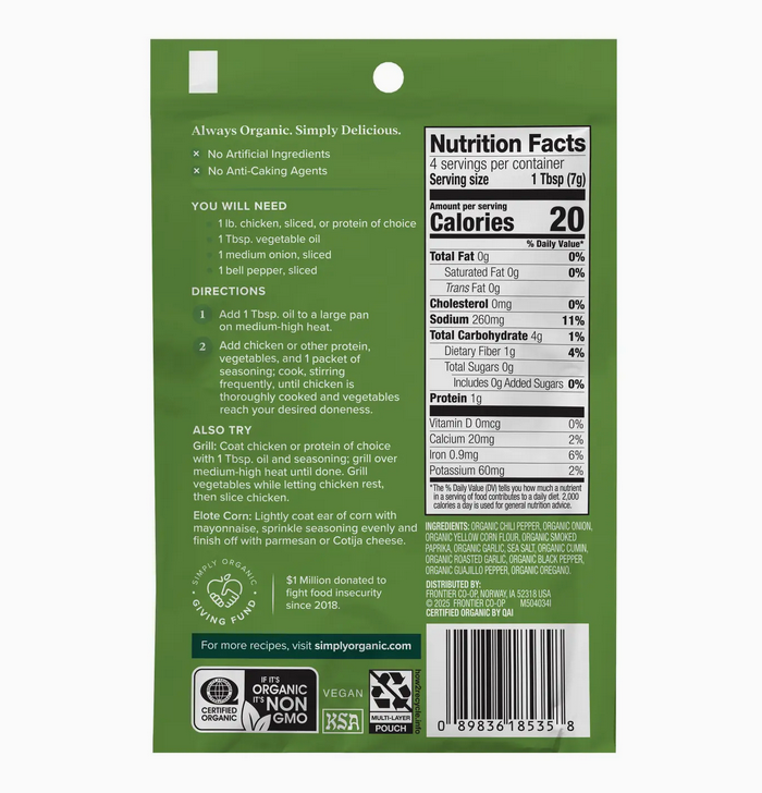 Fajita Seasoning Mix, Certified Organic, Gluten-Free, 1 oz