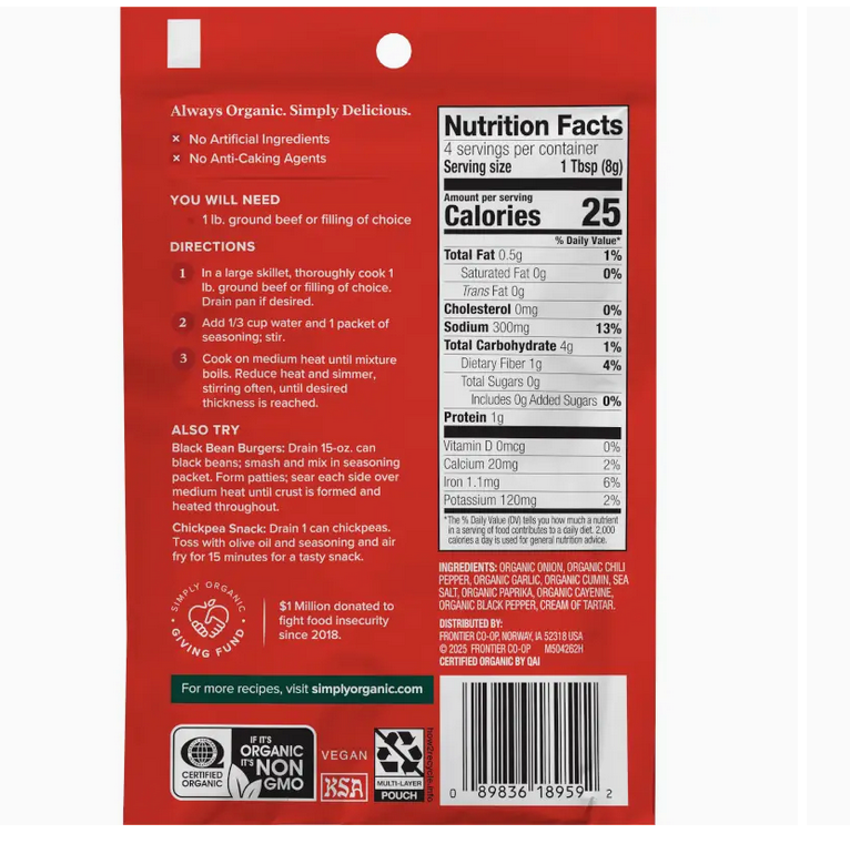 Spicy Taco Seasoning Mix, Certified Organic, Vegan, 1.13 oz