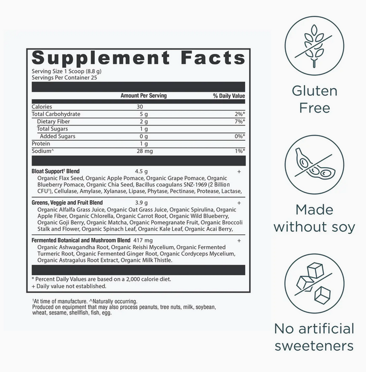 Organic Supergreens Bloat Relief† | Powder Greens Flavor (25 Servings)