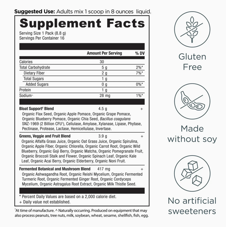 Organic Supergreens Bloat Relief† Stick Packs | Powder Greens Flavor (16 Servings)