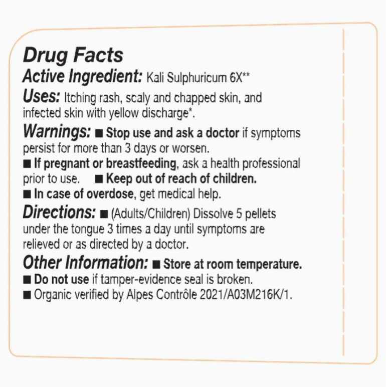 Cell Salt N°7 Kali Sulphuricum Traditionnally used for temporary relief from itching rash, scaly and chapped skin