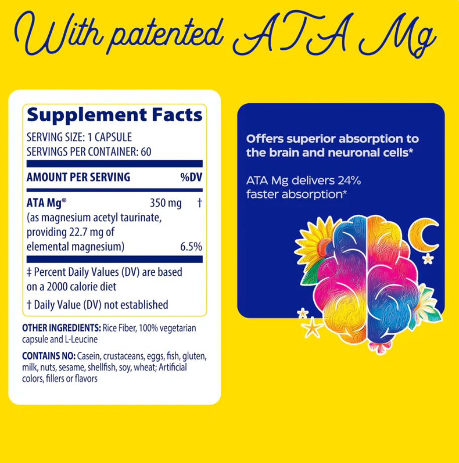 Supplement label with colorful brain illustration on a yellow background