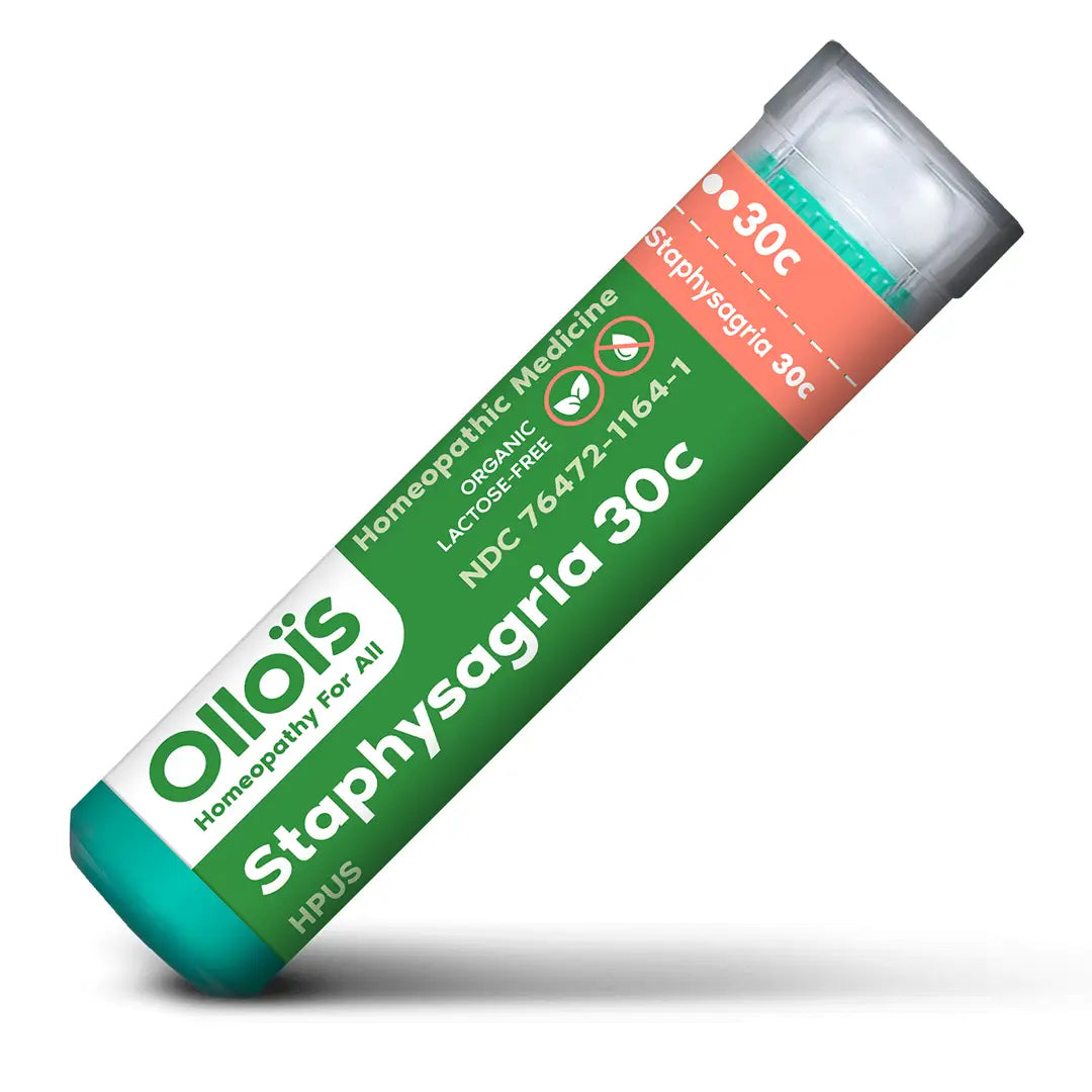 Oliois Staphysagria 30c homeopathic medicine stick on a white background