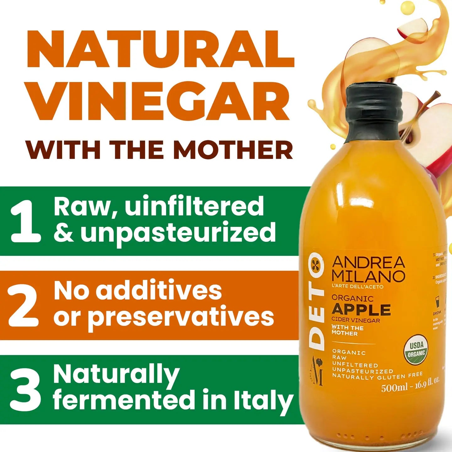 Bottle of Andrea Milano organic apple cider vinegar with text highlighting its features.